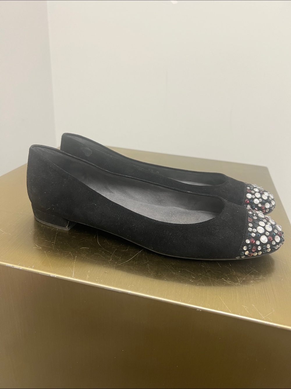 Stuart Weitzman Black Suede Jeweled Cap-Toe Ballet Flats